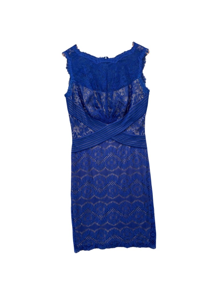 Tadashi Shoji Chantilly Lace Sheath Dress Blue Sleeveless Boatneck Lined Size 10